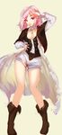  absurdres amira_(shingeki_no_bahamut) bangs boots breasts cleavage contrapposto full_body highres long_legs medium_breasts pink_hair red_eyes saimon_ma shingeki_no_bahamut shingeki_no_bahamut:_genesis short_hair shorts solo standing swept_bangs yellow_background 