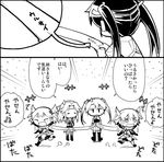  3girls ^_^ antenna_hair closed_eyes comic double_bun expressive_hair flailing greyscale hair_bun hair_ornament hair_ribbon herada_mitsuru jintsuu_(kantai_collection) kantai_collection long_hair monochrome multiple_girls muneate open_mouth pleated_skirt ribbon school_uniform sendai_(kantai_collection) serafuku short_hair sigh skirt sparkling_eyes translated twintails zuikaku_(kantai_collection) 