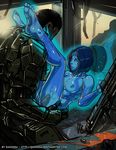  armor artist_name assault_rifle blue_eyes blue_hair blue_skin breasts clothed_male_nude_female cortana cum feet ganassa gun halo_(game) hologram master_chief nipples penis power_armor power_suit rifle sex short_hair spartan spartan_(halo) uncensored vaginal weapon 