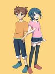  1girl black_legwear brown_hair casual full_body green_hair inazuma_eleven_(series) inazuma_eleven_go looking_at_viewer matsukaze_tenma open_mouth pants pants_rolled_up shoes short_hair shorts shorts_rolled_up simple_background socks sorano_aoi standing thighhighs yellow_background yuma_(kuroba_tsuto) 