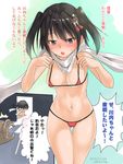  bangs bikini blush breasts brown_eyes brown_hair dated hair_ornament kantai_collection medium_breasts micro_bikini navel night_battle_idiot remodel_(kantai_collection) scarf sendai_(kantai_collection) short_hair solo swimsuit translated two_side_up white_scarf yone_kinji 