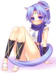  animal_ears bare_legs barefoot blue_eyes blue_hair blush commentary_request dog_days forehead_jewel full_body gold_trim horse_ears horse_girl horse_tail long_hair looking_at_viewer ponytail purple_eyes sanom scarf sharu_(dog_days) simple_background solo tabard tail white_background 