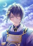  blue_eyes blue_hair crescent_moon hima_(ab_gata) japanese_clothes male_focus mikazuki_munechika moon sky smile solo star_(sky) starry_sky touken_ranbu upper_body 