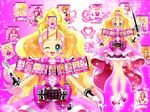  belt blonde_hair card commentary_request cosplay crossover cure_black cure_bloom cure_blossom cure_dream cure_flora cure_happy cure_heart cure_melody cure_peach go!_princess_precure highres kamen_rider kamen_rider_dcd kamen_rider_decade luna_rune parody precure solo sword weapon 