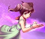  ahoge bracelet brown_eyes brown_hair dress fighting_stance hair_ornament idolmaster idolmaster_cinderella_girls jewelry long_hair looking_at_viewer ogata_chieri ono_misao open_mouth solo twintails 