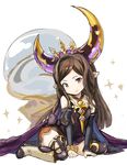  arm_warmers arulumaya bangs boots brown_eyes brown_hair cape crescent crescent_hair_ornament gem granblue_fantasy hair_ornament harvin headgear long_hair mole mole_under_eye nosuku pointy_ears shiny sitting solo sparkle swept_bangs thigh_boots thighhighs twitter_username wariza 