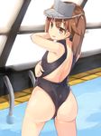  ass brown_eyes brown_hair covered_nipples flat_chest from_behind front_zipper_swimsuit highres kantai_collection long_hair looking_at_viewer looking_back meme_attire one-piece_swimsuit open_mouth rei_no_pool ryouya ryuujou_(kantai_collection) solo swimsuit twintails visor_cap wardrobe_error 