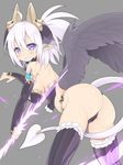  ass breasts bridal_gauntlets demon_girl demon_tail energy eteru_(mofuaki) feathered_wings grin highres horns large_breasts long_hair mofuaki original pointy_ears purple_eyes purple_hair ribbed_legwear smile solo tail thighhighs thong white_hair wings 