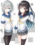  black_hair black_legwear blue_eyes gen_(gen_7254) gloves hair_ornament hair_over_one_eye hairclip hamakaze_(kantai_collection) highres holding_hands isokaze_(kantai_collection) kantai_collection long_hair looking_at_viewer multiple_girls pantyhose red_eyes school_uniform serafuku short_hair silver_hair smile thighhighs 