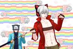  :p abs animal_ears axent_wear beltbra brothers cat_ear_headphones cat_ears dante_(devil_may_cry) devil_may_cry devil_may_cry_3 fingerless_gloves gloves headphones highres katana kemonomimi_mode long_coat multiple_boys nero_(devil_may_cry) nyan_cat paw_pose pectorals qian_cai sheath shirtless siblings solo_focus sword tongue tongue_out unsheathing vergil weapon 