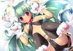 animal_ears ass bikini_top black_panties blush bow bow_panties cameltoe cat_ears collar earrings flat_chest gloves green_hair hat highres jewelry koihime_musou kuwada_yuuki legs_up long_hair lying moukaku navel on_back panties paw_gloves paw_shoes paws red_eyes shoes solo tail thighhighs underwear 