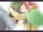  1girl alain_(pokemon) closed_eyes hat hug kijouyu long_hair manon_(pokemon) pokemon pokemon_(anime) purple_eyes purple_hair red_hair short_hair tears 