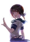  akasaai brown_eyes brown_hair fubuki_(kantai_collection) kantai_collection looking_at_viewer looking_back open_mouth pleated_skirt school_uniform serafuku short_hair skirt solo waving white_background 