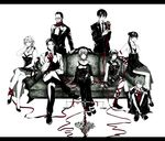  4girls absurdres bad_id bad_pixiv_id balance_scale couch dress flower formal ginoza_nobuchika glasses highres hinakawa_shou karanomori_shion kunizuka_yayoi long_hair monochrome multiple_boys multiple_girls psycho-pass rera_(12169432) ribbon saiga_jouji scarf shimotsuki_mika short_hair spot_color suit tougane_sakuya tsunemori_akane weighing_scale 