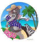 beach black_sclera butt chewycuticle chubby clothing donkey ear_piercing equine female gauged_ear hat hyena knoah looking_back mammal outside piercing seaside solo_focus standing swimsuit voluptuous 