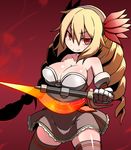  armor axe blonde_hair brave_frontier breasts cleavage drill_hair gauntlets hairband hakika large_breasts long_hair looking_at_viewer michele_(brave_frontier) miniskirt red_background red_eyes skirt slit_pupils smile solo standing weapon 