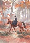  autumn dress from_side gemi gloves hat horse horseback_riding leaf original outdoors profile riding scenery tree white_gloves 