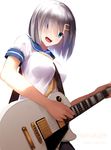  akabane_rin between_breasts blue_eyes breasts character_name electric_guitar guitar hair_ornament hair_over_one_eye hairclip hamakaze_(kantai_collection) highres instrument kantai_collection large_breasts les_paul looking_at_viewer looking_down open_mouth pantyhose school_uniform serafuku short_hair silver_hair simple_background skirt solo strap_cleavage white_background 