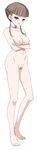  1girl barefoot breasts censored collar embarrassed euphoria euphoria_(clockup) feet manaka_nemu nude simple_background solo 