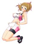  bike_shorts blue_eyes blush breasts brown_hair covered_nipples gundam gundam_build_fighters gundam_build_fighters_try hoshino_fumina large_breasts matsuri_miko ponytail short_hair simple_background solo sports_bra white_background 