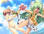  ;q absurdres animal_ears barefoot batai beach bikini breasts brown_hair cat_ears chain cleavage dual_wielding earrings fang flat_chest gloves green_hair highres holding huge_filesize jewelry koihime_musou kuwada_yuuki long_hair moukaku multiple_girls navel ocean official_art one_eye_closed open_mouth paw_gloves paw_shoes paws purple_eyes red_eyes shoes side_ponytail smile striped striped_bikini sunlight swimsuit tail tears tongue tongue_out wading water_gun wince 