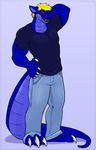  2015 blonde_hair blue_skin claws clothed clothing drake hair jeans male model_sheet open_mouth plain_background royalty_(artist) scalie shirt smile solo teeth tongue 