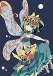  aioi_aoi alternate_costume alternate_wings blue_eyes bow bright_pupils corset daiyousei dress elbow_gloves gloves green_hair hair_between_eyes hair_ribbon looking_at_viewer ribbon short_hair side_ponytail smile solo touhou white_pupils wings yellow_bow 