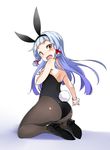  animal_ears ass back bare_shoulders black_footwear blue_hair blush bunny_ears bunny_tail bunnysuit full_body hair_ornament hair_ribbon high_heels highres hime_cut image_sample kantai_collection kneeling long_hair looking_back murakumo_(kantai_collection) nino_(shira) open_mouth orange_eyes pantyhose ribbon shoes simple_background solo tail twitter_sample wrist_cuffs 