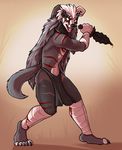  2015 anthro badger bandage blood claws clothing dagger empty_eyes fighting_stance fur grey_fur grey_hair hair loincloth long_hair male mammal markings mustelid necklace open_mouth royalty_(artist) scar solo teeth tongue warrior weapon white_fur white_hair 