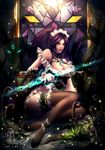  absurdres alternate_costume black_hair black_legwear breasts dated enmaided french_maid_nidalee gloves highres kanmai_x_sou large_breasts league_of_legends long_hair maid maid_headdress nidalee parted_lips ponytail solo thighhighs white_gloves yellow_eyes 