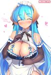  animal_ears apron bare_shoulders black_gloves blue_hair blush bra breasts cleavage cleavage_cutout dog_ears elbow_gloves gloves huge_breasts long_hair maid maid_apron maid_headdress mel/a melmaid original simple_background smile solo striped striped_bra underwear 