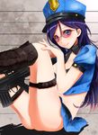  alternate_costume battle_rifle blue_eyes boots caitlyn_(league_of_legends) gun h&amp;k_g3 hat highres kiko_(okuwae) league_of_legends long_hair looking_at_viewer midriff officer_caitlyn police police_hat police_uniform policewoman purple_hair rifle sitting smile sniper_rifle solo sunglasses uniform weapon 