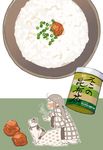  blanket blush bowl cat commentary eating food fruit kawanabe long_hair original pantyhose porridge rice_bowl sick solo spoon umeboshi 