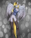  2015 absurd_res anthro anthrofied big_breasts blonde_hair bottomless breasts clothed clothing cutie_mark derpy_hooves_(mlp) doomthewolf equine female friendship_is_magic hair half-dressed hi_res legwear long_hair looking_at_viewer mammal my_little_pony navel pegasus pussy solo thigh_highs wings 