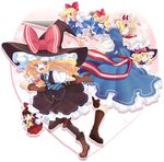  alice_margatroid ascot blonde_hair blue_eyes blush_stickers boots brown_eyes brown_hair capelet character_doll doll hakurei_reimu hat hat_ribbon kirisame_marisa lance long_hair multiple_girls necktie open_mouth polearm ribbon sash shanghai_doll solid_oval_eyes touhou usamata weapon witch_hat 