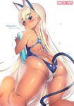  2015 animal_ears artist_name ass back blonde_hair blue_eyes blush cameltoe cat_ears cat_tail competition_swimsuit eyebrows from_behind kickboard long_hair looking_at_viewer looking_back mel/a melfina_bluesky object_hug one-piece_swimsuit original simple_background solo swimsuit tail thick_eyebrows translation_request very_long_hair white_background 