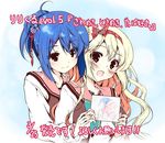  artist_request blonde_hair blue_background blue_hair blush bow brown_eyes copyright_name hair_bow hair_ornament hairband hairclip hitsuji_seira kagami_hare lily_lyric_cycle long_hair long_sleeves multiple_girls number open_mouth pink_eyes ponytail school_uniform shirt short_hair smile translation_request upper_body wavy_hair yuri 