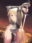  armor arms_up blonde_hair breasts gauntlets green_eyes hair_ribbon long_hair looking_at_viewer meow_(nekodenki) midriff navel original revealing_clothes ribbon small_breasts solo sword two_side_up very_long_hair weapon 