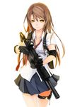  bad_id bad_pixiv_id brown_hair elbow_pads gloves gun hair_ornament hairpin handgun highres holding holding_gun holding_weapon holster knife kriss_vector long_hair lucifer301 necktie original reflex_sight school_uniform shoulder_holster simple_background solo submachine_gun suppressor trigger_discipline watch weapon white_background yellow_eyes 