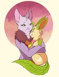  2015 anthro bat big_ears big_eyes chest_tuft clothed clothing couple credits_(artist) cuddling cute duo eeveelution ellise_the_bat female fluffy fur gamefreak green_eyes grey_fur hair half-dressed happy hug kori leafeon long_tail male male/female mammal nightsky nintendo nude paws pok&eacute;mon short_hair sky smile standing topless tuft video_games 