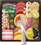  :t apron blush box closed_eyes commentary eating food food_on_face from_side holding holding_box ikura_(food) kamaboko kawanabe leaning_forward lotus_root omelet original osechi pantyhose ponytail profile roe sardine scrunchie shrimp solo soybean standing 