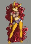  clothed clothing fangs female foo_dog gwen hair jeans long_hair looking_at_viewer mammal navel nintendarkland red_hair solo 