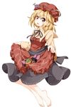  aki_minoriko apron barefoot blonde_hair food fruit grapes hat mob_cap mushroom open_mouth persimmon red_eyes ruu_(tksymkw) shirt skirt skirt_basket smile solo sweet_potato touhou vegetable 