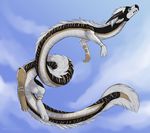  2015 black_skin brown_skin brown_stripes chinese_dragon claws cloud delilittle dragon feral flying green_eyes hair male sky solo white_hair white_skin 