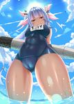  :d aircraft airplane arms_behind_back blue_hair breasts cameltoe covered_navel covered_nipples day from_below highres i-19_(kantai_collection) kantai_collection large_breasts lens_flare long_hair looking_down one-piece_swimsuit open_mouth school_swimsuit sky smile solo sun swimsuit thighs torpedo twintails wading water wet zukky 