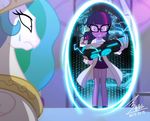  2015 bluse clothing crown electricity equestria_girls equine eyewear female friendship_is_magic glasses gold gun hair horn human insane lab_coat mammal my_little_pony necklace nervous portal princess_celestia_(mlp) purple_eyes purple_hair ranged_weapon smile sweat twilight_sparkle_(eg) twilight_sparkle_(mlp) weapon winged_unicorn wings 