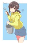  bucket cowboy_shot fubuki_(kantai_collection) gardening hood hood_down hooded_jacket jacket kantai_collection looking_at_viewer pale_skin ponytail rake short_hair short_ponytail shorts smile solo translated twitter_username yagara_(kishimen_f) 