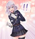  !! 1boy bad_id bad_pixiv_id black_legwear blush crossdressing double-breasted gloves highres honebami_toushirou karaage_no_niku male_focus military military_uniform necktie otoko_no_ko purple_eyes silver_hair skirt solo spoken_exclamation_mark tears thighhighs touken_ranbu uniform wavy_mouth white_gloves 