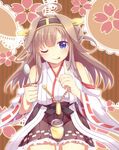  ;p ahoge blue_eyes detached_sleeves fan_(20110507) holding kantai_collection kongou_(kantai_collection) long_hair looking_at_viewer nontraditional_miko one_eye_closed pleated_skirt sitting skirt smile solo spoon tongue tongue_out v-shaped_eyebrows 