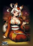  absurdres alcohol animal_ears blush breasts cleavage cup fox_ears fox_tail hair_up highres japanese_clothes kimono kongiku large_breasts leaf leaf_on_head leaf_print looking_at_viewer oboro_muramasa orange_eyes petals sakazuki sake scan shigatake silver_hair sitting smile solo tail tatami 